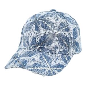 Women's Fashionable Star blue denim sequins and rhinestones baseball cap.